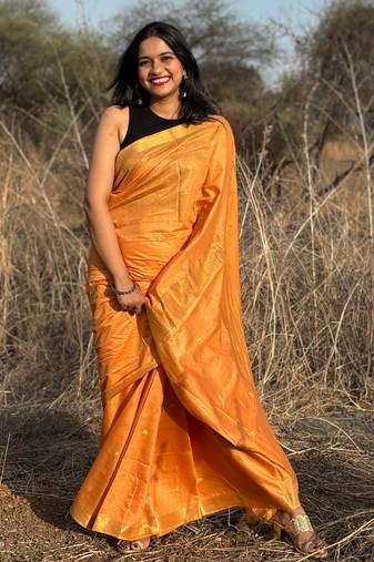 Orange kota silk blend saree with unstitched blouse piece