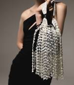 Black semi suede handbag with button latkan detailing