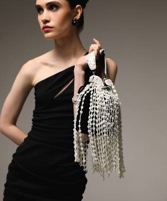 Black semi suede handbag with button latkan detailing 2