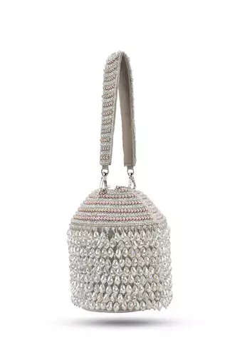 Silver semi suede potli-bag with crystal beeds work