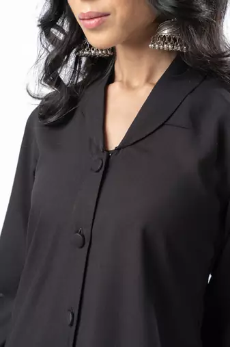 Black shawl collar shirt with curved sleeves
