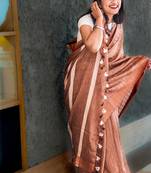 Brown kota viscose saree with unstitched blouse piece
