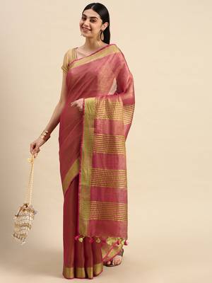 Red tissue linen saree with unstitched blouse piece 1