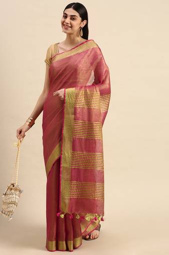 Red tissue linen saree with unstitched blouse piece