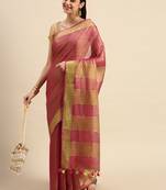 Red tissue linen saree with unstitched blouse piece