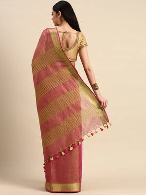 Red tissue linen saree with unstitched blouse piece 2