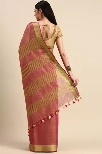 Red tissue linen saree with unstitched blouse piece