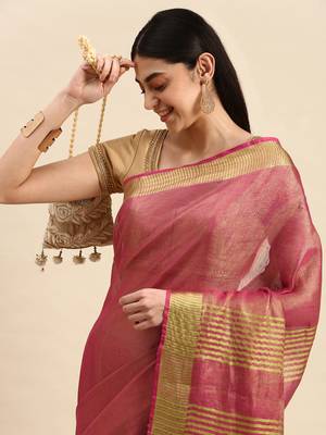 Red tissue linen saree with unstitched blouse piece 3