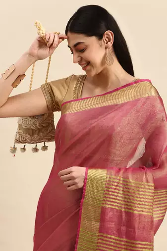 Red tissue linen saree with unstitched blouse piece