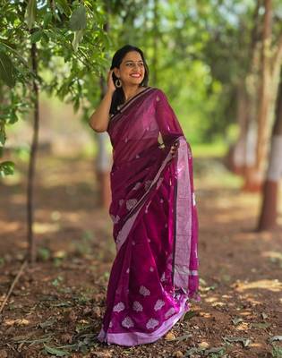 Wine silver thread embroidery cotton saree with unstitched blouse piece 1