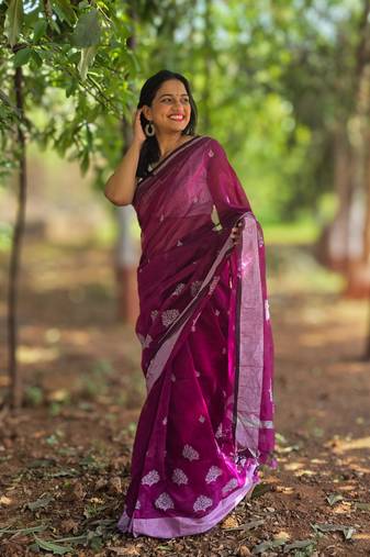 Wine silver thread embroidery cotton saree with unstitched blouse piece
