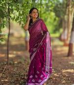 Wine silver thread embroidery cotton saree with unstitched blouse piece