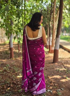 Wine silver thread embroidery cotton saree with unstitched blouse piece 2