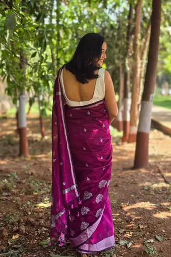 Wine silver thread embroidery cotton saree with unstitched blouse piece
