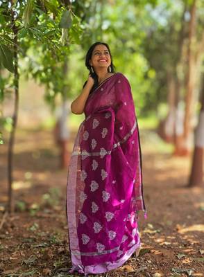Wine silver thread embroidery cotton saree with unstitched blouse piece 3