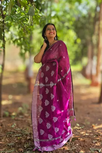 Wine silver thread embroidery cotton saree with unstitched blouse piece