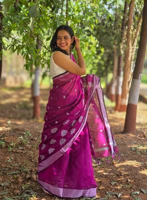 Wine silver thread embroidery cotton saree with unstitched blouse piece 4