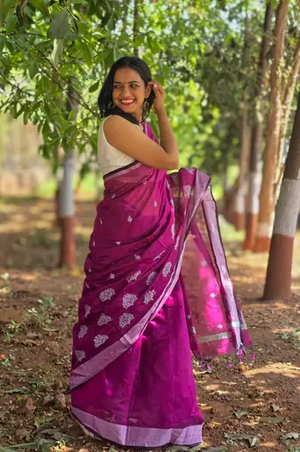 Wine silver thread embroidery cotton saree with unstitched blouse piece