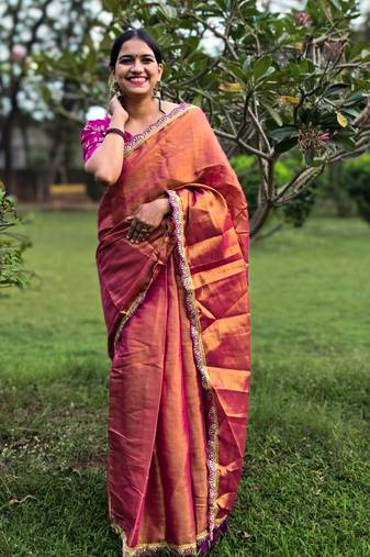 Wine mul tissue saree with unstitched blouse piece with unstitched blouse piece