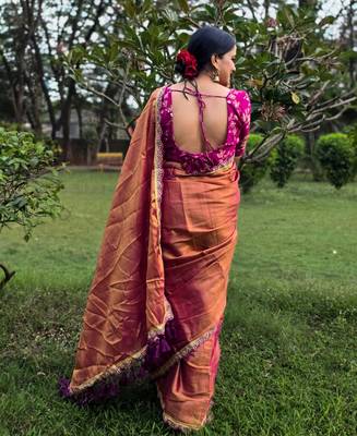 Wine mul tissue saree with unstitched blouse piece with unstitched blouse piece 2