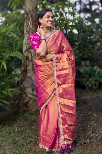 Wine mul tissue saree with unstitched blouse piece with unstitched blouse piece