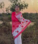 Red hibiscus cotton saree with unstitched blouse piece