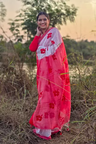 Red hibiscus cotton saree with unstitched blouse piece