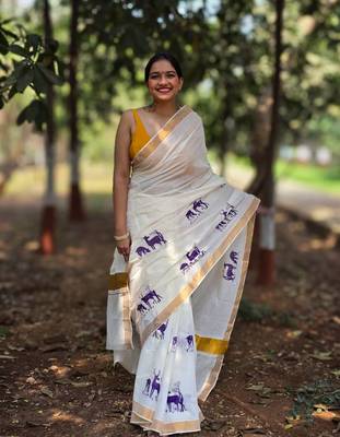 White deer kasavu cotton saree with unstitched blouse piece 1