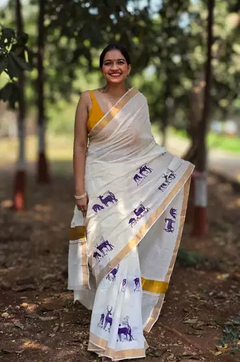 White deer kasavu cotton saree with unstitched blouse piece