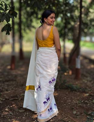 White deer kasavu cotton saree with unstitched blouse piece 2