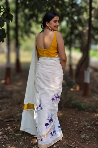 White deer kasavu cotton saree with unstitched blouse piece