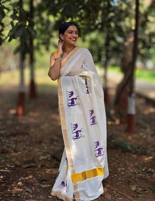 White deer kasavu cotton saree with unstitched blouse piece 3