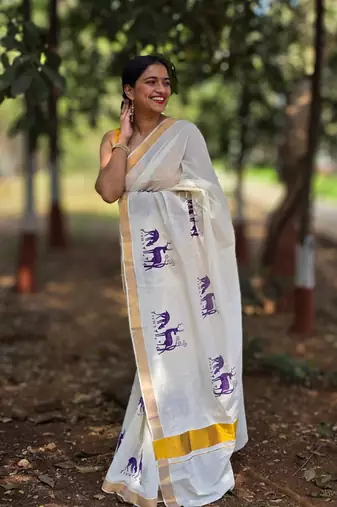 White deer kasavu cotton saree with unstitched blouse piece