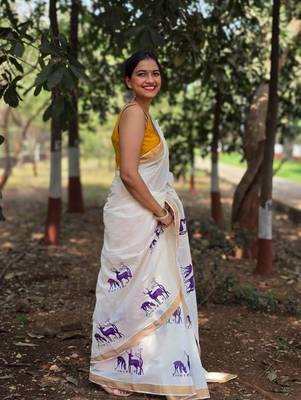 White deer kasavu cotton saree with unstitched blouse piece 4