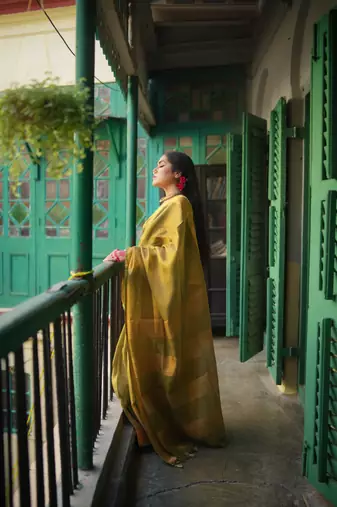 Green tissue linen saree with unstitched blouse piece