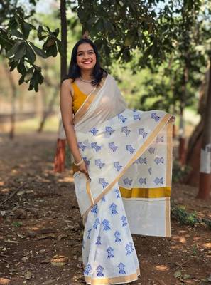White tree motif kasavu cotton saree with unstitched blouse piece 1