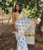 White tree motif kasavu cotton saree with unstitched blouse piece