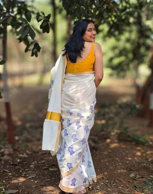 White tree motif kasavu cotton saree with unstitched blouse piece 2
