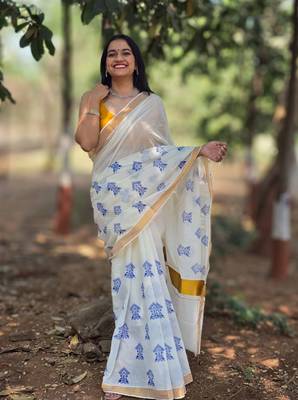White tree motif kasavu cotton saree with unstitched blouse piece 3