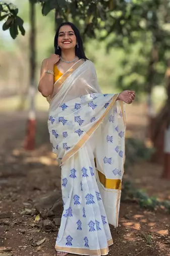 White tree motif kasavu cotton saree with unstitched blouse piece
