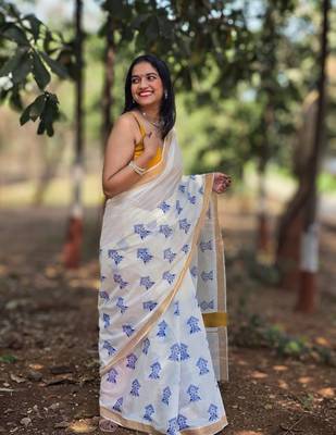 White tree motif kasavu cotton saree with unstitched blouse piece 4