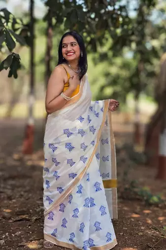 White tree motif kasavu cotton saree with unstitched blouse piece