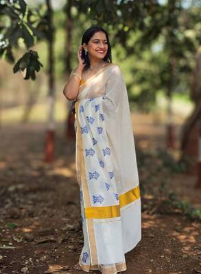 White tree motif kasavu cotton saree with unstitched blouse piece 5
