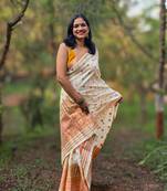 White silk blend mekhela chador saree with unstitched blouse piece