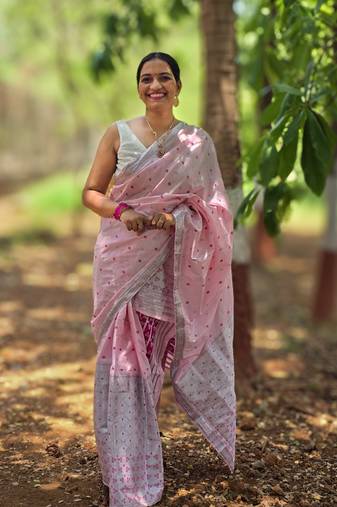 Pink silver zari mekhela chador saree with unstitched blouse piece