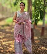 Pink silver zari mekhela chador saree with unstitched blouse piece