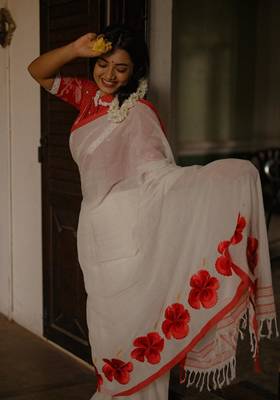 Cotton white embroidered red border cotton saree 3