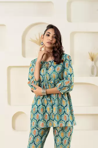 Mint floral grid printed pure cotton top