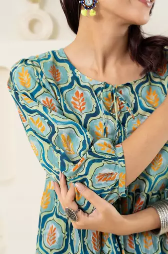 Mint floral grid printed pure cotton top