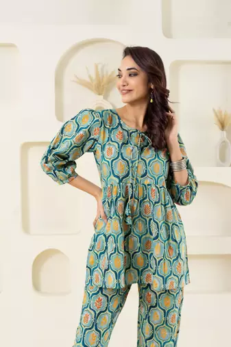 Mint floral grid printed pure cotton top